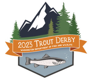 The 2023 Trout Derby logo consists of an orange banner with the event name topped by a scene of mountains and trees and framed below by a swimming trout